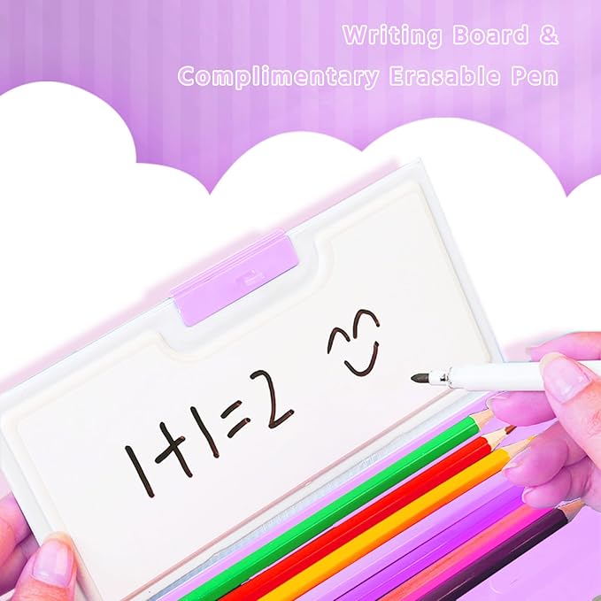 【2Pack】Pop Up Multifunction Pencil Case for Girls and Boys, Cute Cartoon Pen Box Organizer Stationery with Lock, Sharpener, Schedule, Whiteboard, School Supplies, Best Gifts for Kids(Purple+Rocket)