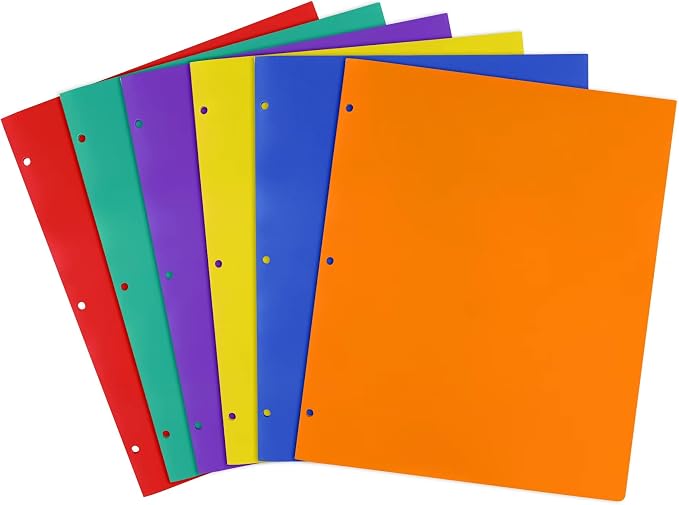 Feosky Folders with Pockets, 6 Assorted Colors Plastic Two Pocket Folders, File Folder, 2 Pockets Folder and 3 Hole for School, Home, and Office