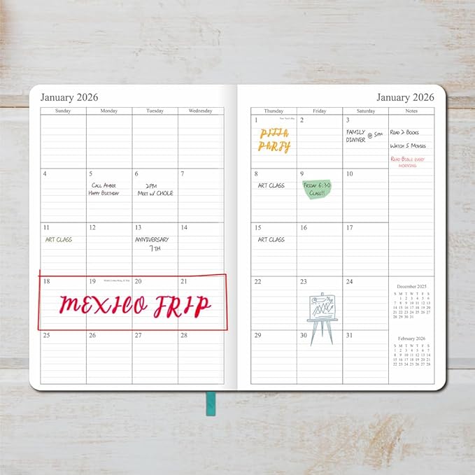 2026 Planner - Weekly and Monthly Planner, Jan 2026 - Dec 2026, Holidays, Contacts and Notes Pages, Vegan Leather Cover, Elastic Closure, 5.5”x8.25”, Teal