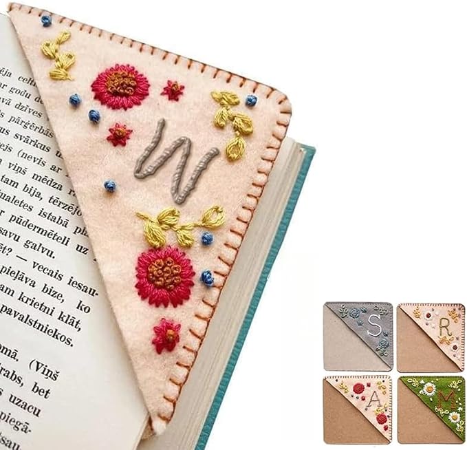 Personalized Hand Embroidered Corner Bookmark, 26 Letters Cute Flower Embroidered Corner Bookmark Embroidery Book Marker Clip for Book Lovers Bookmarks for Reading Lovers Meaningful GIF (Fall, W)