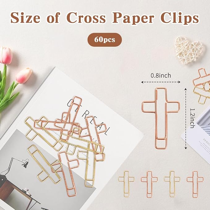 60PCS Cross Paper Clips Bible Bookmark Rose Gold Paper Clips Book Marks for Bibles Study Supplies Bible Study Kit Cute Binder Clip Christian Accessories Christian Gifts for Women