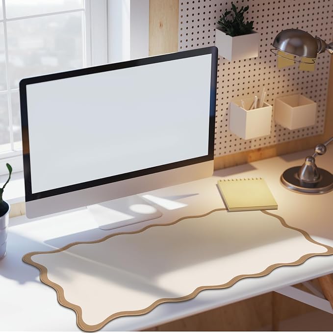 Hahafelt Scalloped Desk Mat Large Desk Pad Cute Coquette Table Mat Back to School Preppy Table Make up Pad Nonslip Graduation Gift with Stitching Waterproof Gaming(Beige,31.5 x 15.8 Inches)