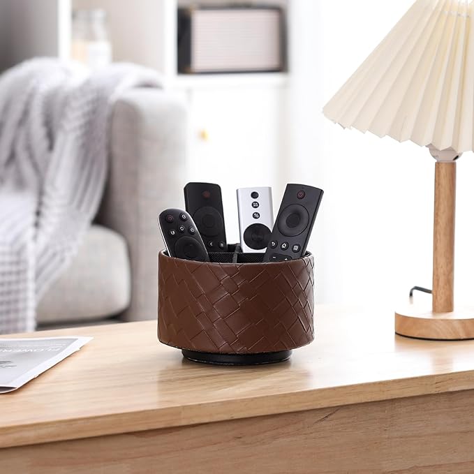 Remote Organizer for Table, PU Leather 360 Degree Rotating TV Remote Caddy with 4 Compartments, TV Control Holder for DVD, Blu-Ray, Media Player, Heater Controllers, Brown PH114