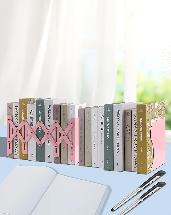 MSDADA Adjustable Bookends, Book Ends for Heavy Books, Expandable Book Organizer for Desk, Shelf, Office, School, for 6 7 8 9 10 11 12-15 Boys and Girls, Extends up to 19 inches (Pink)