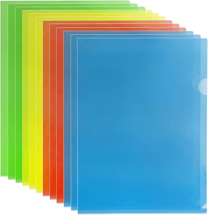 Clear Plastic Folder Sleeves – 12-Pack Letter Size Poly Project Folders, Assorted Colors, Acid-Free, Water-Resistant File Jackets