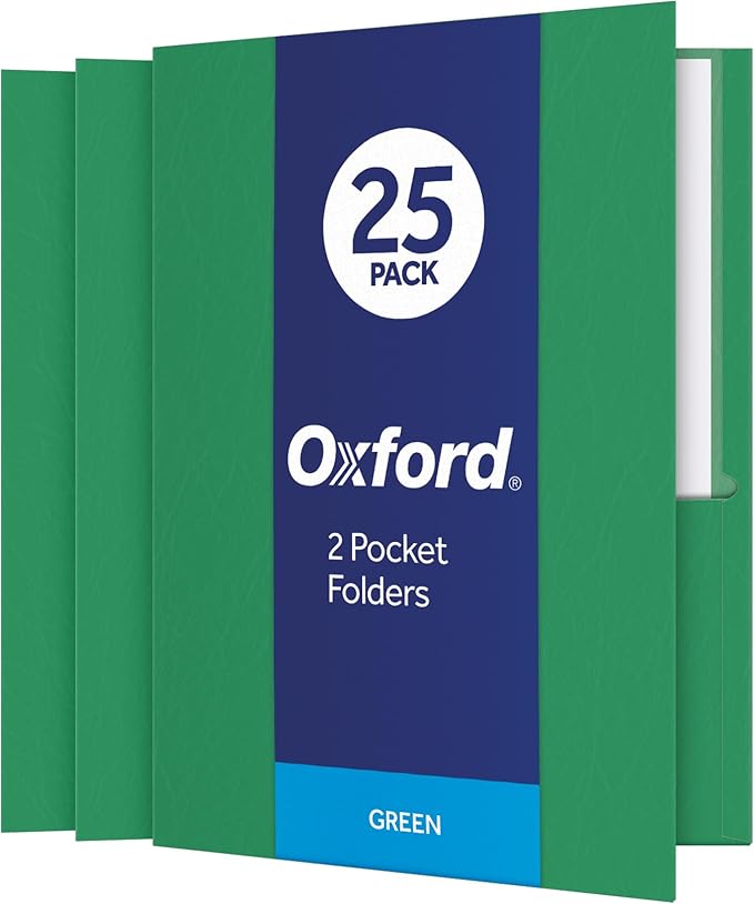 Oxford Two Pocket Folders, Textured Paper, Green, for School, Home, and Office, Letter Size, 25 Per Box (57503EE) (Pack of 5)