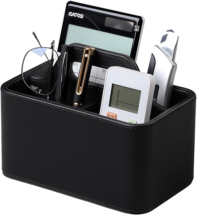 Caddy Organizer with Handle, PU Leather Remote Control Holder Desk Caddy, Portable Makeup Remote Organizer for Table, Nightstand, Office (Black)