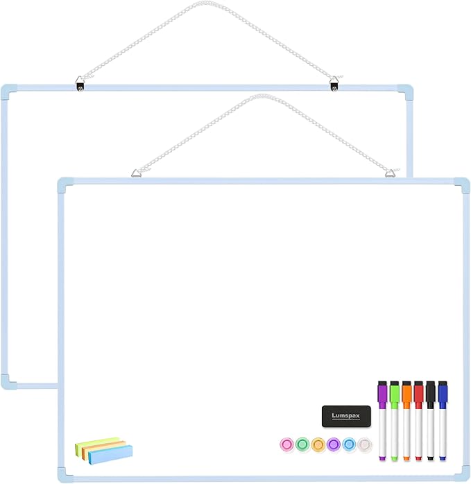 Dry Erase Board for Wall, 24" x 18" Double-Sided Hanging White Board with 6 Markers, 6 Magnets and 3 Mini Sticky Notes, Portable Whiteboard for Home, Office, School, Blue Frame