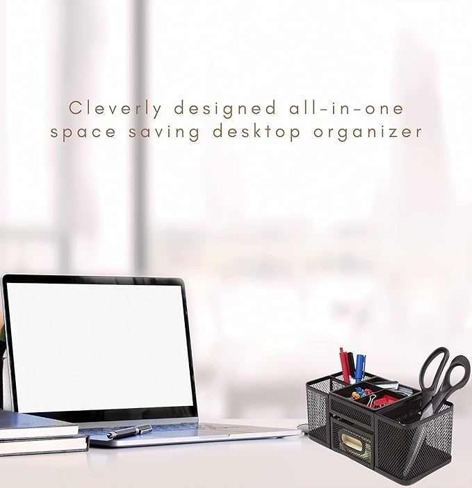 1InTheOffice Desk Supplies Organizer, Desk Caddy 7-Compartment Wire Mesh Accessory Holder, Matte Black