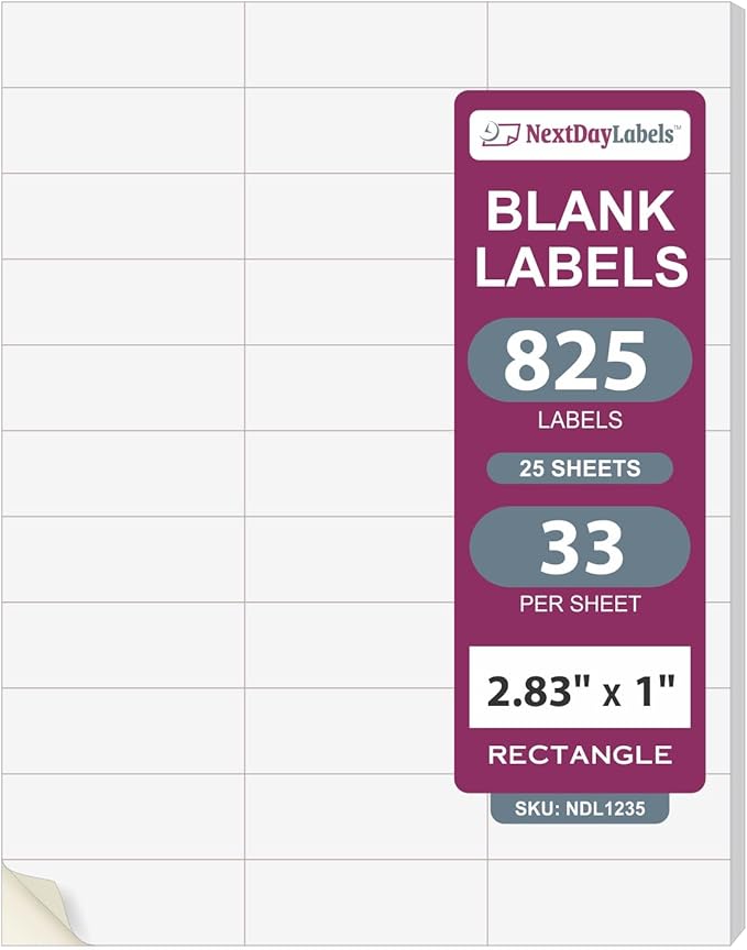 NextDayLabels 2.83x1 Inch Rectangle Stickers White Blank Labels for Laser Inkjet Printer - 33 Per Sheet Self-Adhesive Address Mailing Barcode Made in USA - 825 Labels
