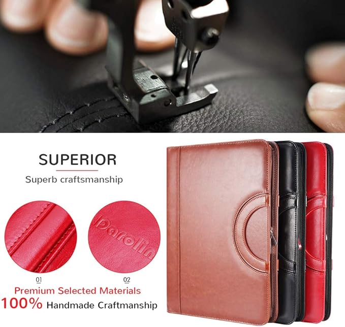 Darolin Zippered Leather Padfolio Portfolio with [Hidden Handle] and [Clipboard], Business Conference Portfolio Organizer Notepad Folder, Padfolio for Women/Men (Red)