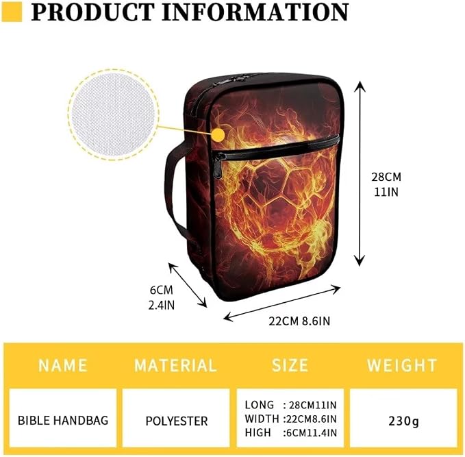 Coldinair Fire Soccer Bible Cover with Handles - Zippered Carrying Case for Boy Teen - Cool Tote Bag Book Cover Accessories - Christian Church Bag Purse