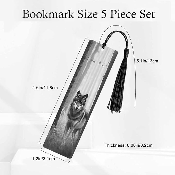 Lone Wolf 5 Pcs Bookmarks Animal Wooden Bookmarks with Tassel for Students Reader Teachers Book Lovers