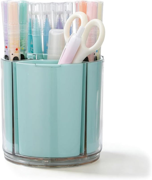 Comix 360° Rotating Pen Holder for Desk, Cute Pencil Holder Pen Organizer, Green Acrylic Pencil Cup Caddy with 5 Slots for Home School Office Supplies