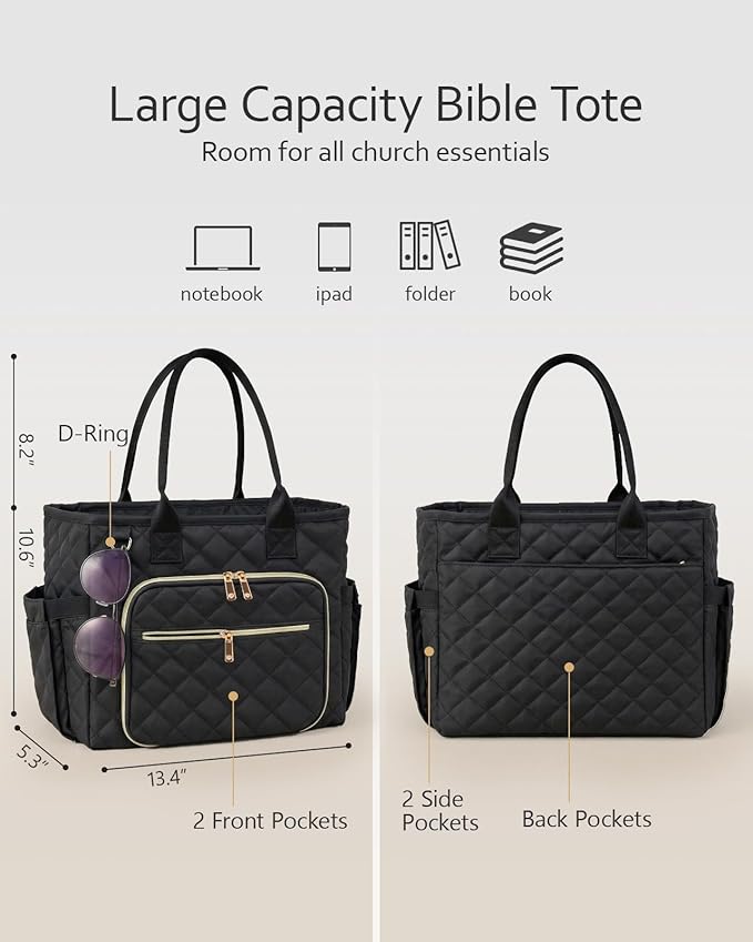 BellaHold Large Bible Bag with Bible Cover Case for Women, Church Bag with Shoulder Strap, Quilted Bible Tote Bag for Bible Study Supplies, Christian Gift for Women, Black（Only Bag & Cover）