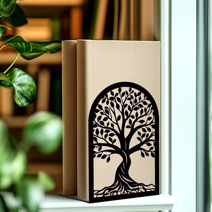 Tree of Life Book Shelf Decorative Bookends for Shelves, Book Ends for Heavy Books, Black Trees Metal Bookends for Desk Organizer, Office Library Decor Decorative Books for Home Decor
