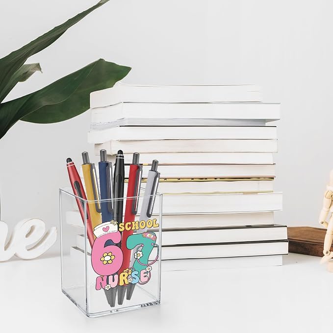Funny 67 School Nurse Acrylic Cosmetic Pencil Pen Holder Cup Gifts for School Nurse Pink Girly Cute Decor for Home Office Desk Vanity Organizers and Accessories