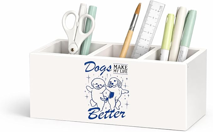 Dogs Make My Life Better Wooden Desk Organizer, Cute Dog Design Pen Pencil Holder with 3 Compartments, Decorative Office Supply Storage Box for Desk, Home, Office, Gift for Dog Lovers