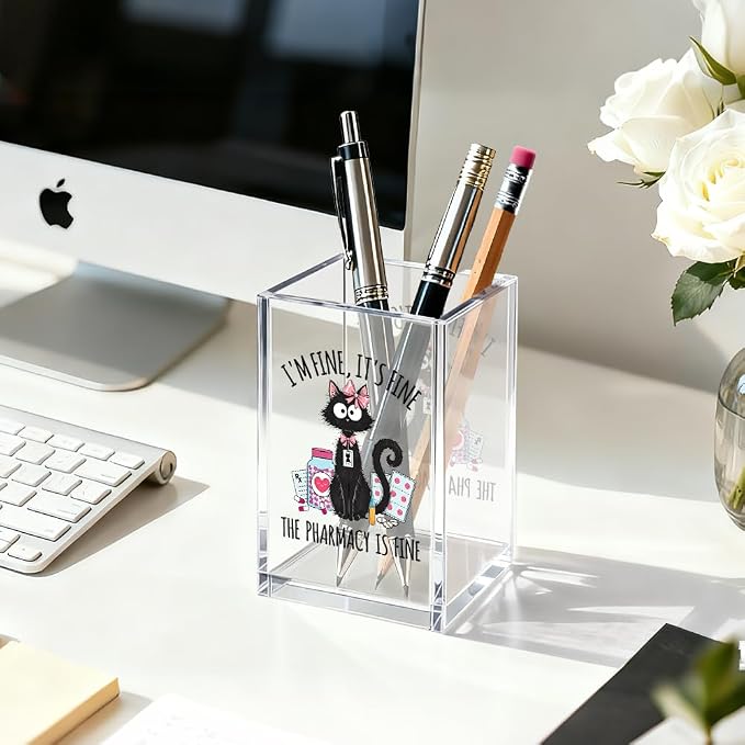 Everything is Fine Cosmetic Organizer Pen Holder, Acrylic Desk Holder for Pen Pencil, Office Gifts for Coworker, Dumpster Fire Desk Accessory (Transparent44)