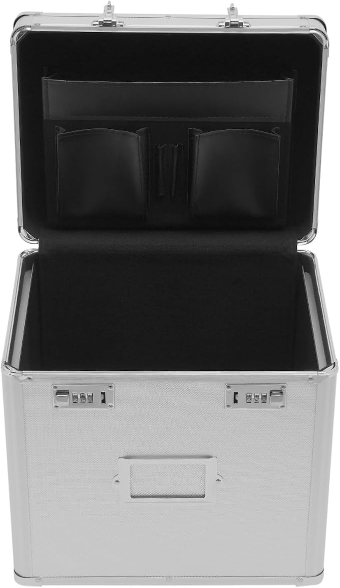 File Organizer Box, L13.8*D10*H13.4in Locking Document Storage Cabinet File Folder with Combination Locks & Handle, Portable Metal Filing Storage Box for Office Travel, Silver