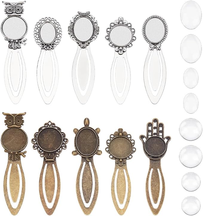 20Pcs 10 Styles Vintage Bookmark Pendant Tray Kit Include 10Pcs Oval Round Metal Bookmark Cabochon Setting with 10Pcs Clear Glass Cabochon Alloy Cabochons Book Mark Blank Bezels