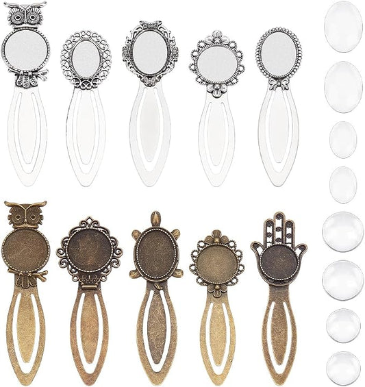 20Pcs 10 Styles Vintage Bookmark Pendant Tray Kit Include 10Pcs Oval Round Metal Bookmark Cabochon Setting with 10Pcs Clear Glass Cabochon Alloy Cabochons Book Mark Blank Bezels