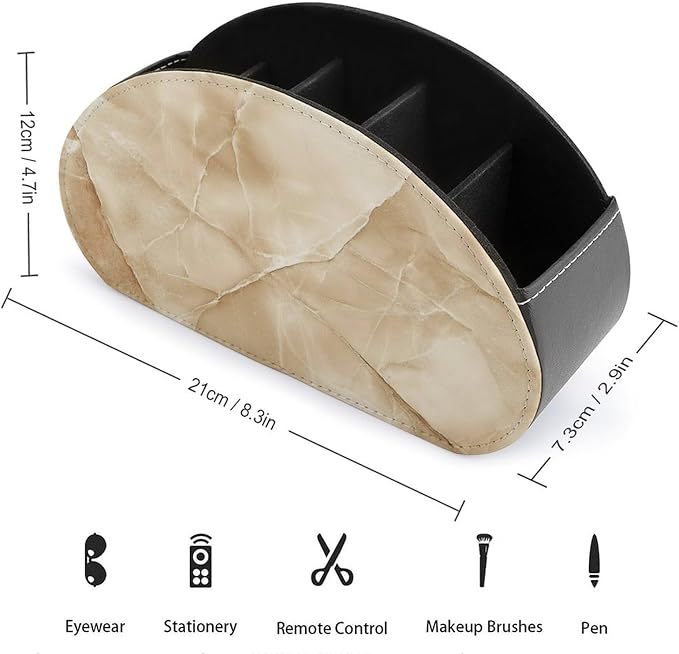 Beige Marble Remote Control Holder with 5 Compartments Leather TV Remote Caddy Remote Storage Box Desktop Organizer for Pen/TV Remotes/Media Controllers/Office Supplies