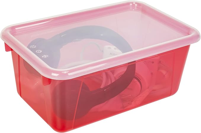 Storex Small Cubby Bins – Plastic Storage Containers for Classroom with Non-Snap Lid, 12.2 x 7.8 x 5.1 inches, Tint Red, 5-Pack (62481A05C)