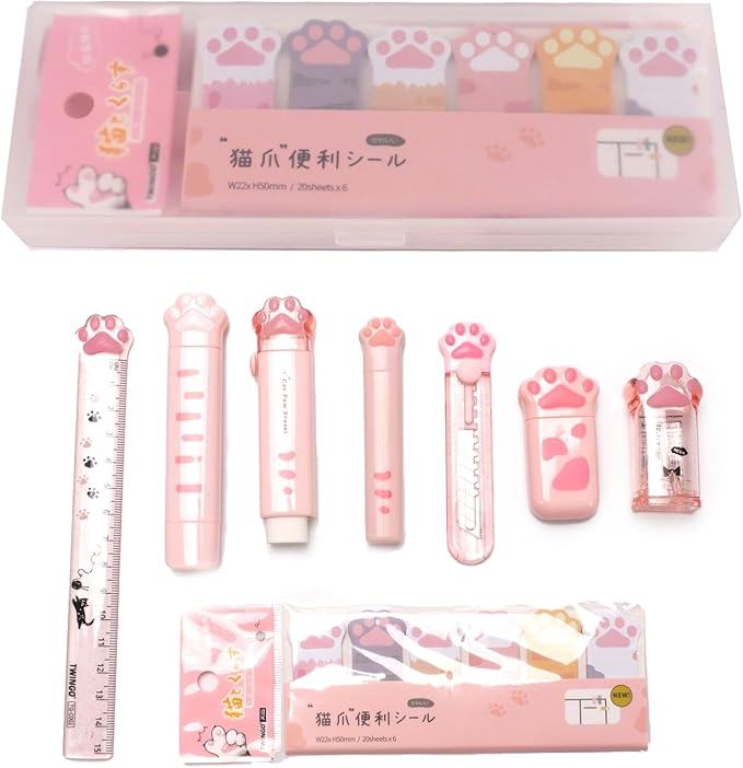 9 Pcs Cute Cat Paw Stationery Set Pencil Sharpener Retractable Eraser Correction Tape Sticky Notes Ruler Mini Scissors Utility Cutter School Office Supplies (Pink1)