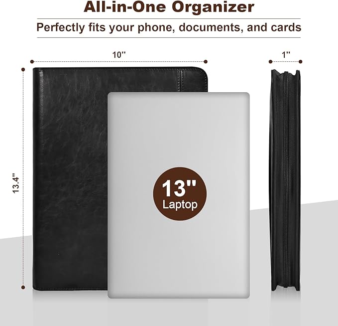 Leather Portfolio for Men, Christian Religious Gifts for Men with Laptop Pocket, Padfolio Binder Folder with Zipper for Women, Business Large Organizer Case for Bible Notebook Notepad Phone (Black)