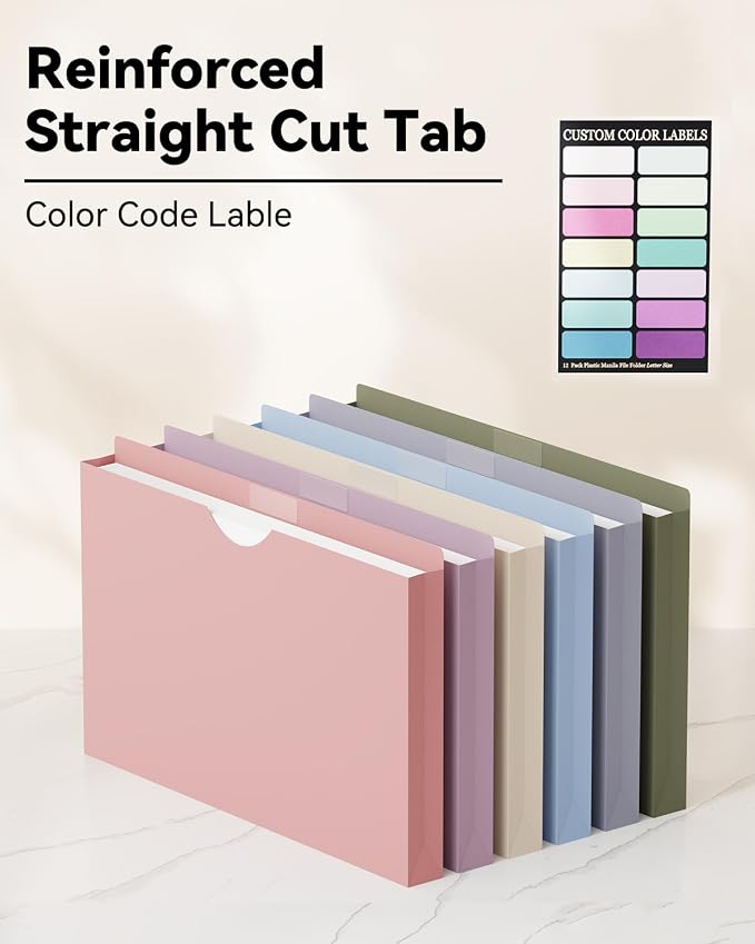 ANSOOK Plastic File Jackets File Pockets,1" Legal Size Manila File Folder,12 Pack Project File Folders,Heavy Duty Manila Pocket Folder for Cabinet,Assorted Colors Manila Job Folder for Office School