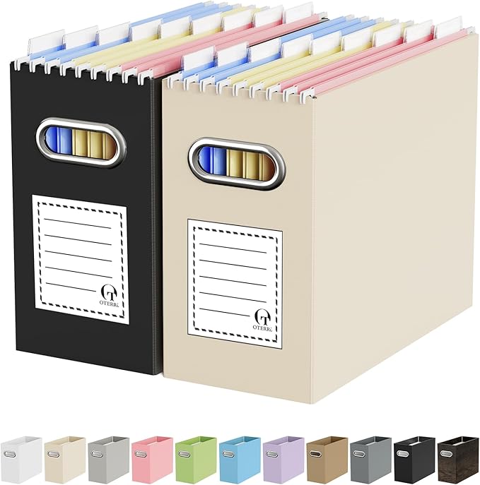 Oterri Cardboard File Organizer Box for Hanging File Folders Letter Size,File Box for Computer Desk,File Cabinet,Working Home,Office,Classroom (Black+Beige, Letter Size - 2 Packs)