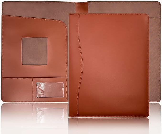 Leather Portfolio Folder Padfolio, Business Padfolio Organizer Document Planner Portfolio Binder Storage Pocket for Legal Pad Holder Paperwork Phone Men Women (Red Brown)