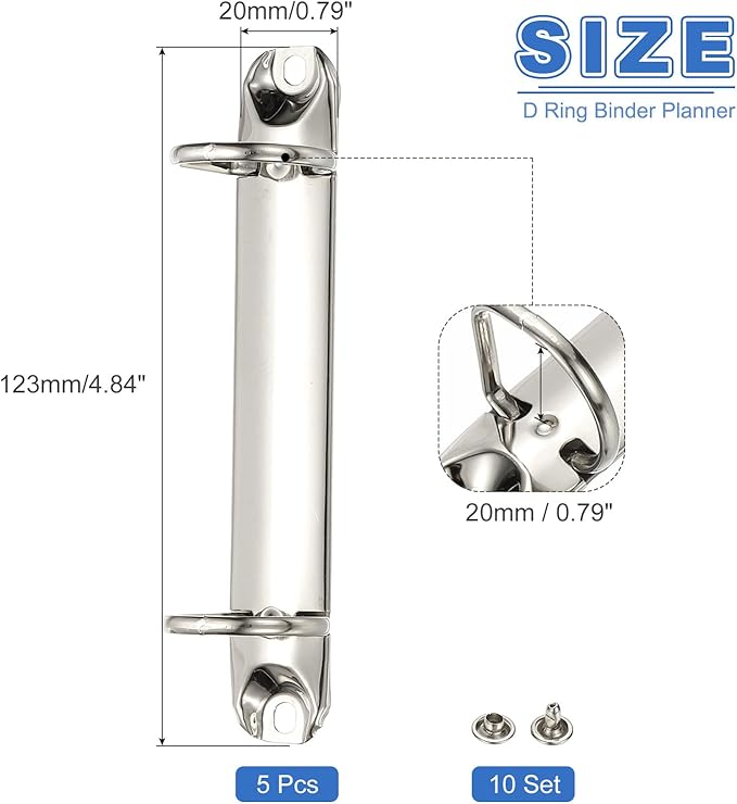 PATIKIL B7 2 Hole Ring Binder Mechanisms, 5 Set 0.79" D Ring Replacement Binder Planner Loose Leaf Binding Spines for Organizers DIY Fill Paper Storage Folder Accessories, 20mm Silver Tone