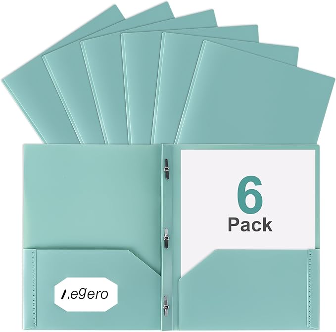 Aegero Folders with Pockets and Prong with Fasteners (6 Pack,Grey Green),Durable Plastic Pocket Folders with Prongs,Tear Resistant,2 Pocket 3 Prong Folders for Schoolwork & Office,Letter Size
