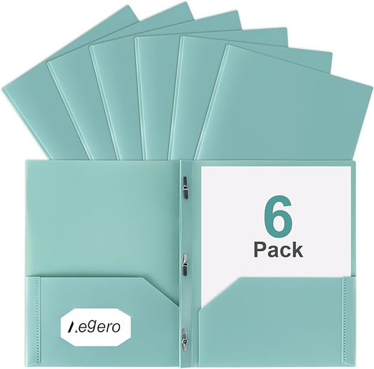Aegero Folders with Pockets and Prong with Fasteners (6 Pack,Grey Green),Durable Plastic Pocket Folders with Prongs,Tear Resistant,2 Pocket 3 Prong Folders for Schoolwork & Office,Letter Size