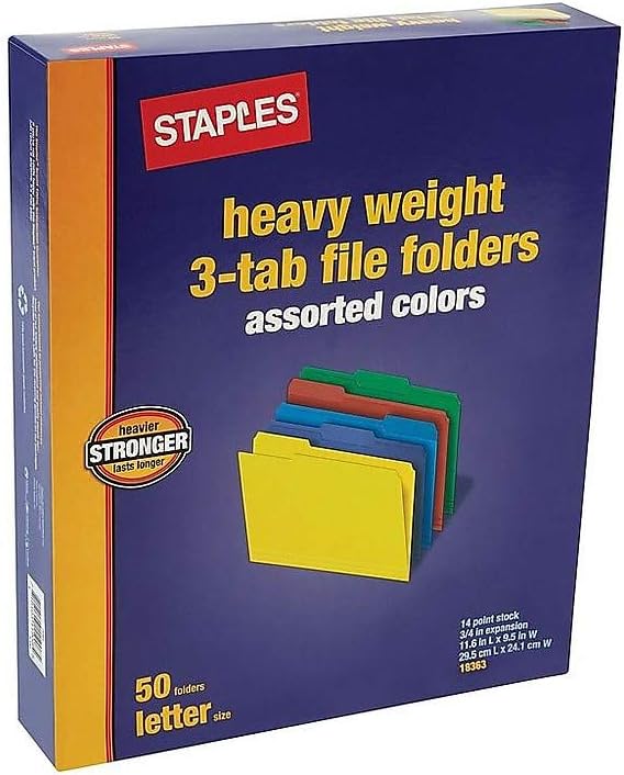 Staples File Folders, Letter Size, 1/3‑Cut Tabs, Assorted Positions, Assorted Colors, 50/Pack