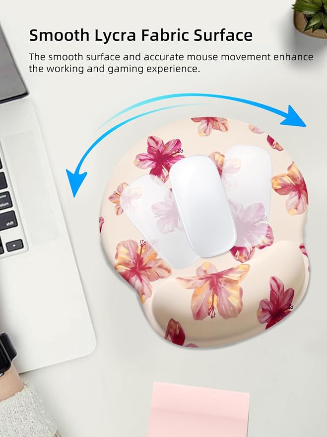Lily Floral Mouse Pad Wrist Support Wrist Rest, Flower Ergonomic Mouse Pad with Non-Slip Base for Office Gaming Working Computers,Desk Accessories Pain Relief Mouse Mat, Beige