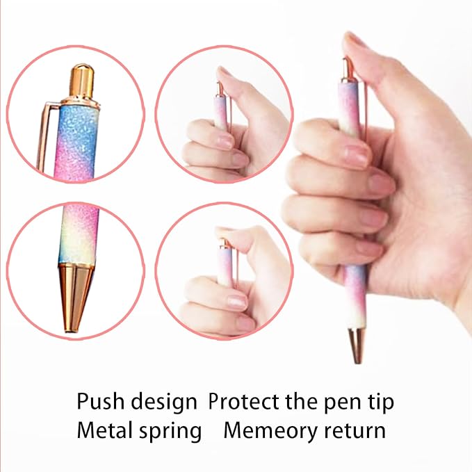 YOUMI 7/8 Pcs Retractable Ballpoint Pen，Pretty Bling Metal Writing Pens，Black Ink Medium Point 1.0 mm Gift Pens, Cute Journaling Pens Office Supplies for Women & Men (set 2)