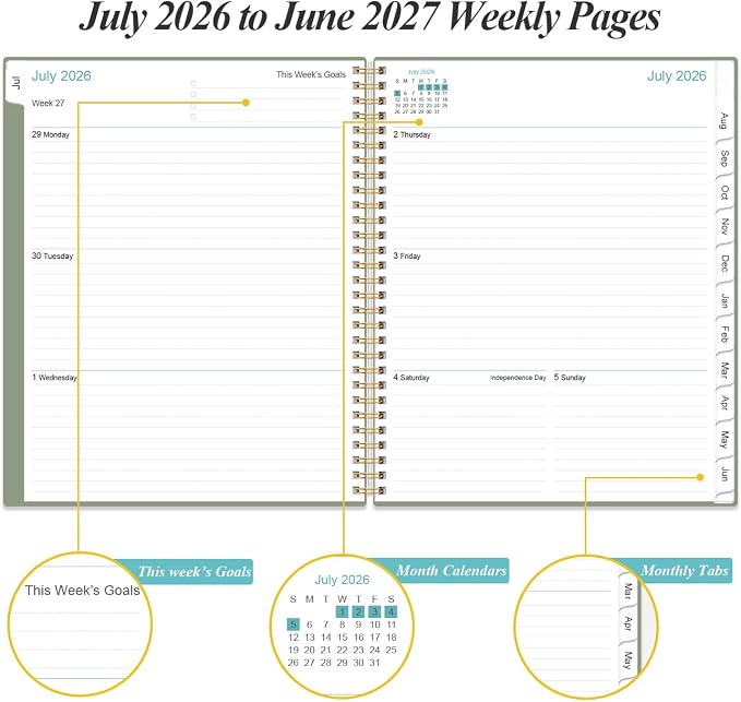 Planner 2026-2027 For Women & Men - Monthly and Weekly Calendar Planner from July 2026 - June 2027, Student Planning with 12 Tabs for Office School Supplies, Inner Pocket, 8.5" x 11", Green