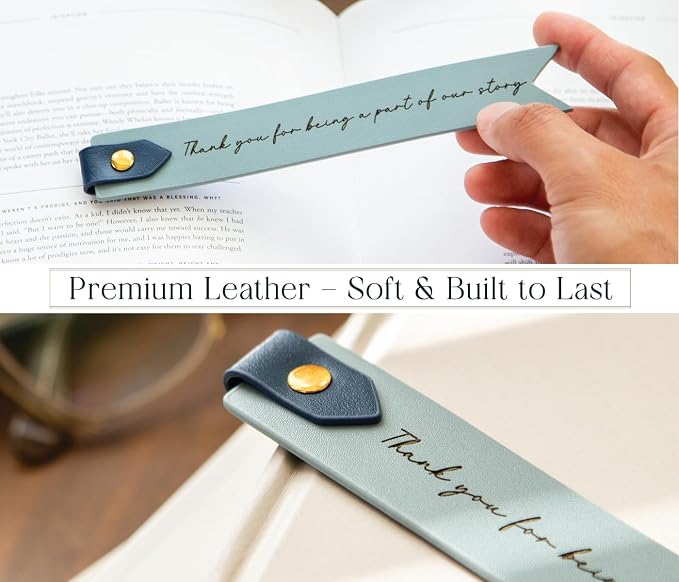Engraved Leather Bookmark in Blue - Thank You for Being a Part of Our Story, Inspirational Appreciation Gift for Friends Bridesmaid Groomsman Wedding Favor, Guest Keepsakes