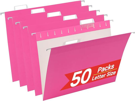 VZCPYTPM 50 Pack Hanging File Folders,Letter Size File Folder,Pink Hanging Folders for Filing Cabinet,Reinforced Rods for Smooth Gliding,Includes 1/5 Adjustable Tabs & Inserts,Ideal for Home & Office