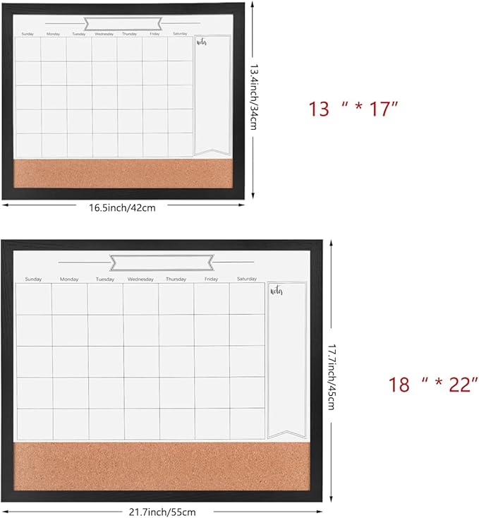 Monthly Calendar Dry Erase White Board & Cork Bulletin Board，13" x 17" Black Wood Frame，Magnetic Surface Whiteboard.Perfect for Organizing Your Space.Whiteboard+Cork-3442A-BK
