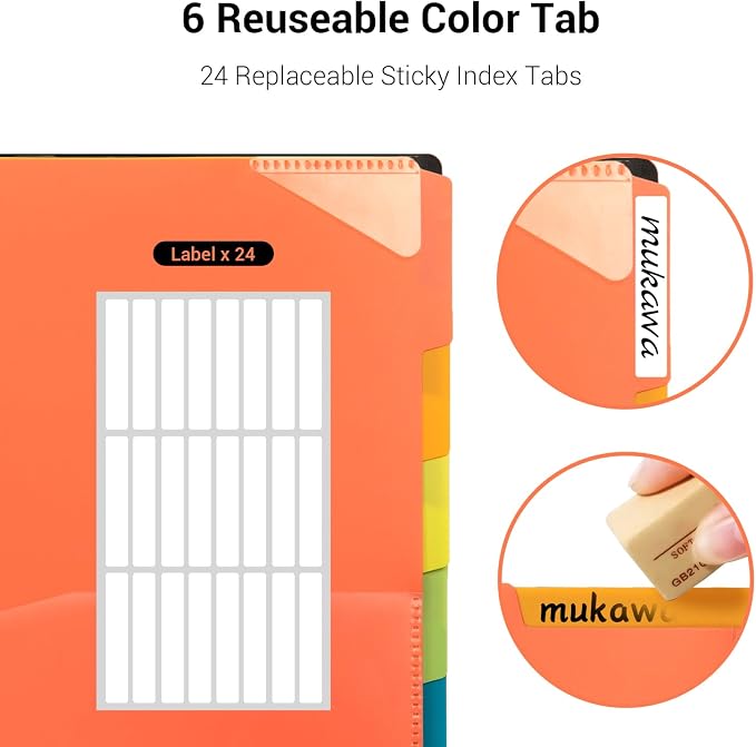 Mukawa 12 Pocket Poly Project Organizer, Spiral Project Folder Multi Pocket Folder Binder Letter Size, Back Cover Utility Pouch, 1/6 Cut Tabs, 6 Tab Color Dividers (Pack of 3)