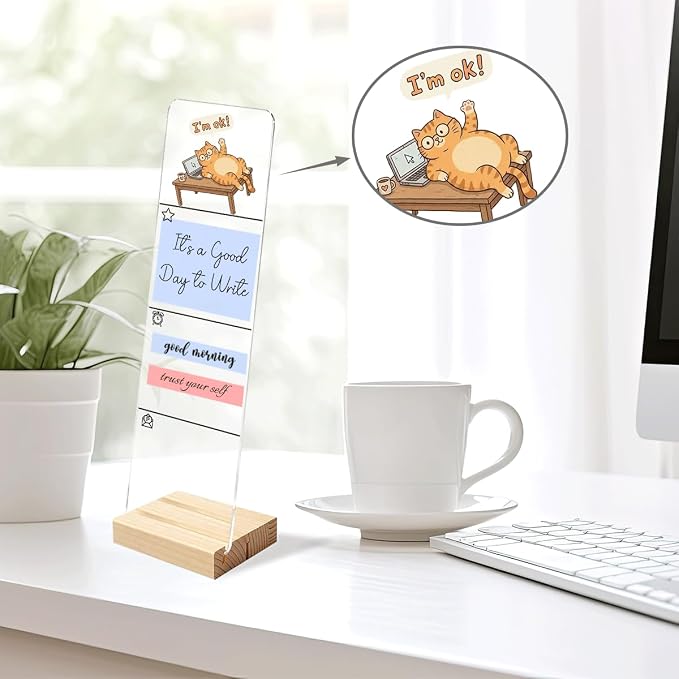 Sticky Notes Monitor Memo Board Acrylic Holder with Removable Wooden Base, Cute Cat I'm Ok Logo Desk Set with 200 Sheets Two Sizes Sticky Notes, Office Desk Accessories Organizer