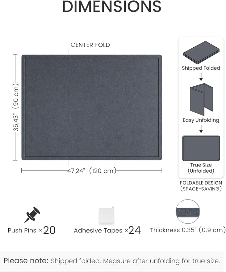 Fluxnara Bulletin Board,Cork Board Alternative with Safe Removable Adhesive Tabs, Foldable Felt Pin Board for Home Office, Classroom, Bedroom,Entryway for Walls (Navy Blue, 47.2 x 35.4 inches)