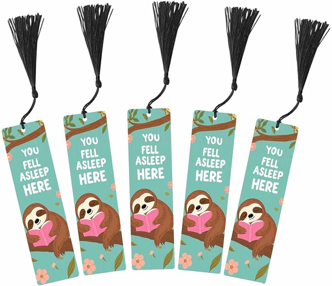 Funny Sloth Bookmarks 5 Pcs with Tassels Tree Branch Green Leaves Wooden Bookmarks for Reading Women Students Teacher Reader