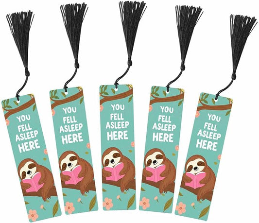 Funny Sloth Bookmarks 5 Pcs with Tassels Tree Branch Green Leaves Wooden Bookmarks for Reading Women Students Teacher Reader