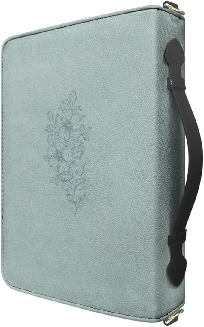 Custom Bible Covers for Women, Floral Teal Design with JER 7:7 Inspirational Bible Verse PU Leather Bible Case with Zipper, Handle & Detachable Adjustable Strap, Medium