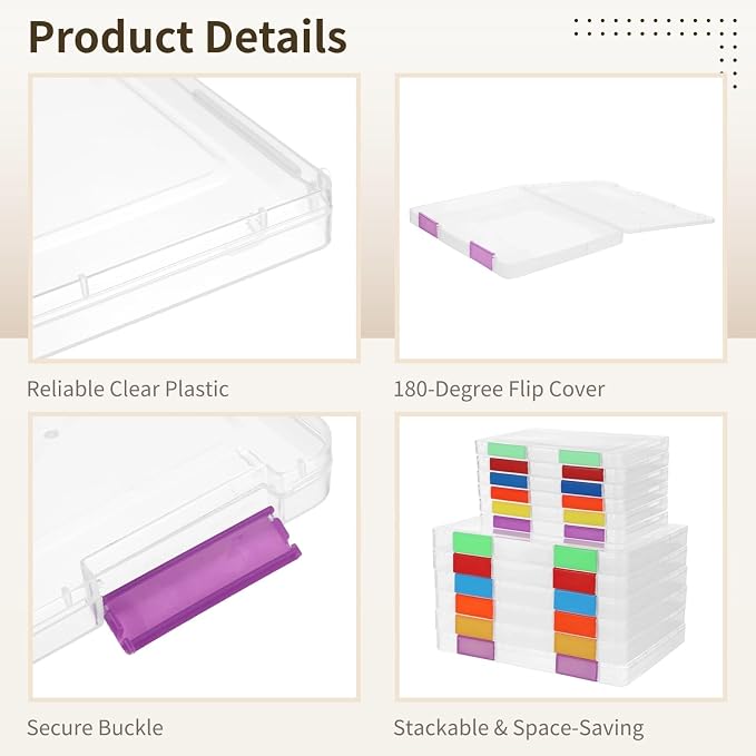 12 PCS Clear A4 A5 File Boxes, Plastic Paper Organizer with Color Buckles and 54 Labels, Stackable Magazine Protector Cases, Transparent Document Case for Office, School, Home